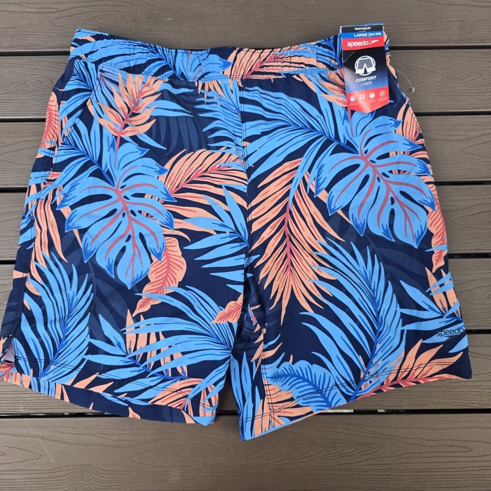 Speedo Men's Blue/orange Floral Swim Tech Volley Shorts Size L NEW